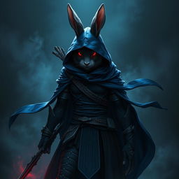 A full-body portrait of a fantasy shadow assassin rabbit, depicted as an anthropomorphic rabbit with bunny ears and fur, dressed in an intricate shadow-gradient rogue outfit