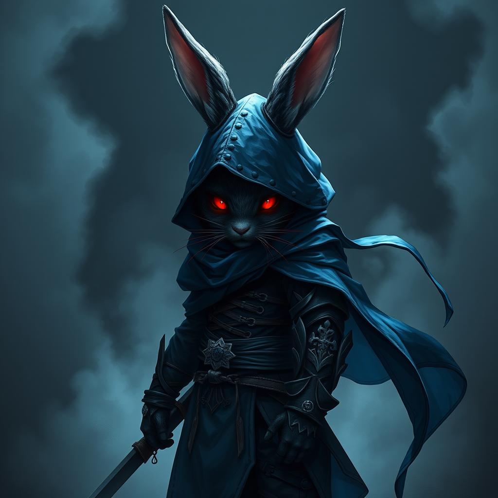 A full-body portrait of a fantasy shadow assassin rabbit, depicted as an anthropomorphic rabbit with bunny ears and fur, dressed in an intricate shadow-gradient rogue outfit