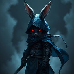 A full-body portrait of a fantasy shadow assassin rabbit, depicted as an anthropomorphic rabbit with bunny ears and fur, dressed in an intricate shadow-gradient rogue outfit