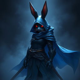 A stunning full-body portrait of a fantasy shadow assassin rabbit, depicted as an anthropomorphic rabbit with prominent bunny ears