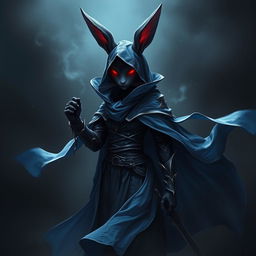 A stunning full-body portrait of a fantasy shadow assassin rabbit, depicted as an anthropomorphic rabbit with prominent bunny ears