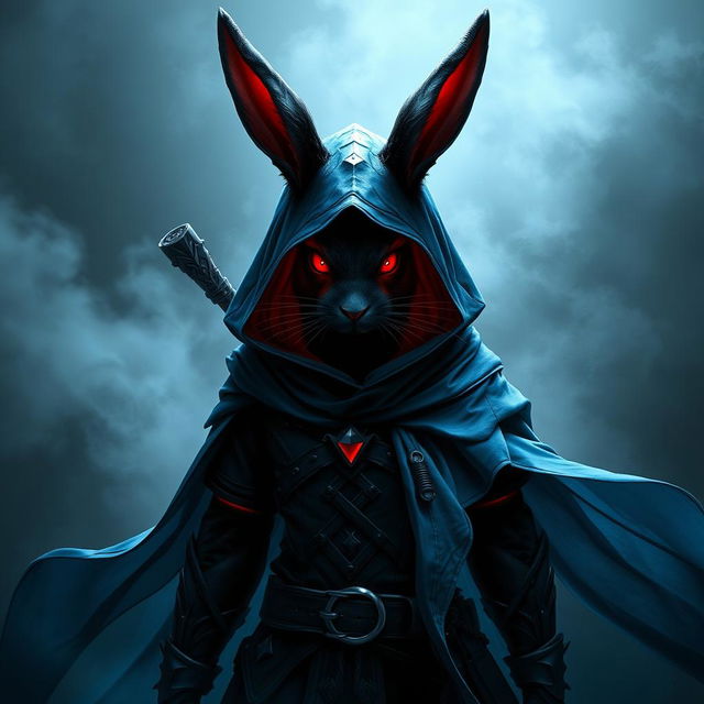 A stunning full-body portrait of a fantasy shadow assassin rabbit, depicted as an anthropomorphic rabbit with prominent bunny ears