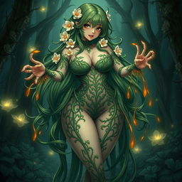 A captivating gothic dominant anime plant girl with a curvaceous figure, showcasing big breasts and thick thighs