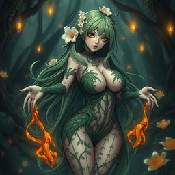 A captivating gothic dominant anime plant girl with a curvaceous figure, showcasing big breasts and thick thighs