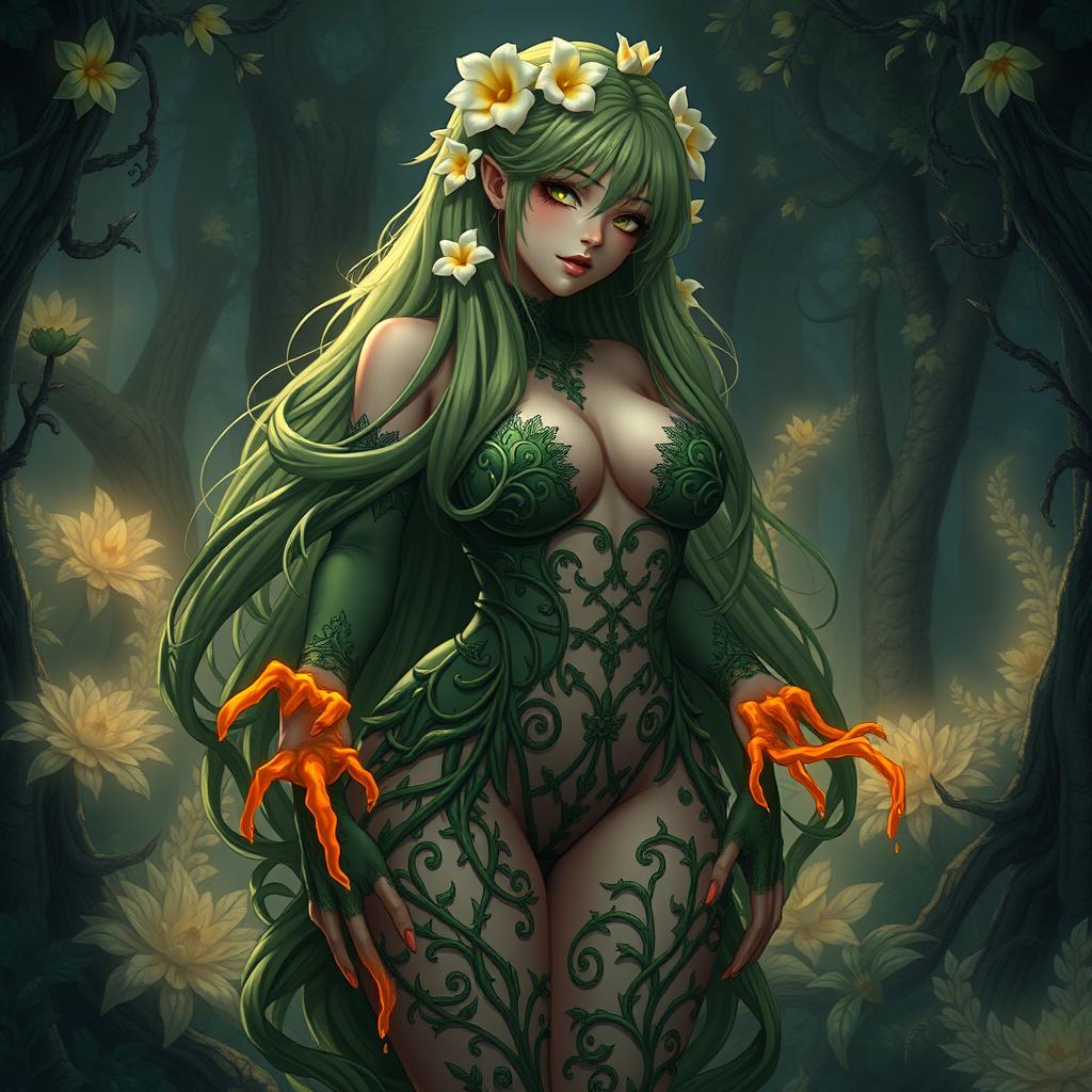 A captivating gothic dominant anime plant girl with a curvaceous figure, showcasing big breasts and thick thighs