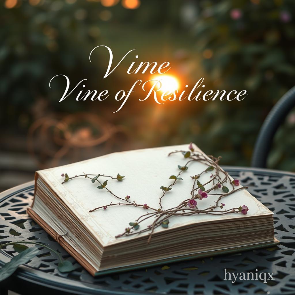A serene scene depicting a closed book titled "Vine of Resilience" resting on a garden table