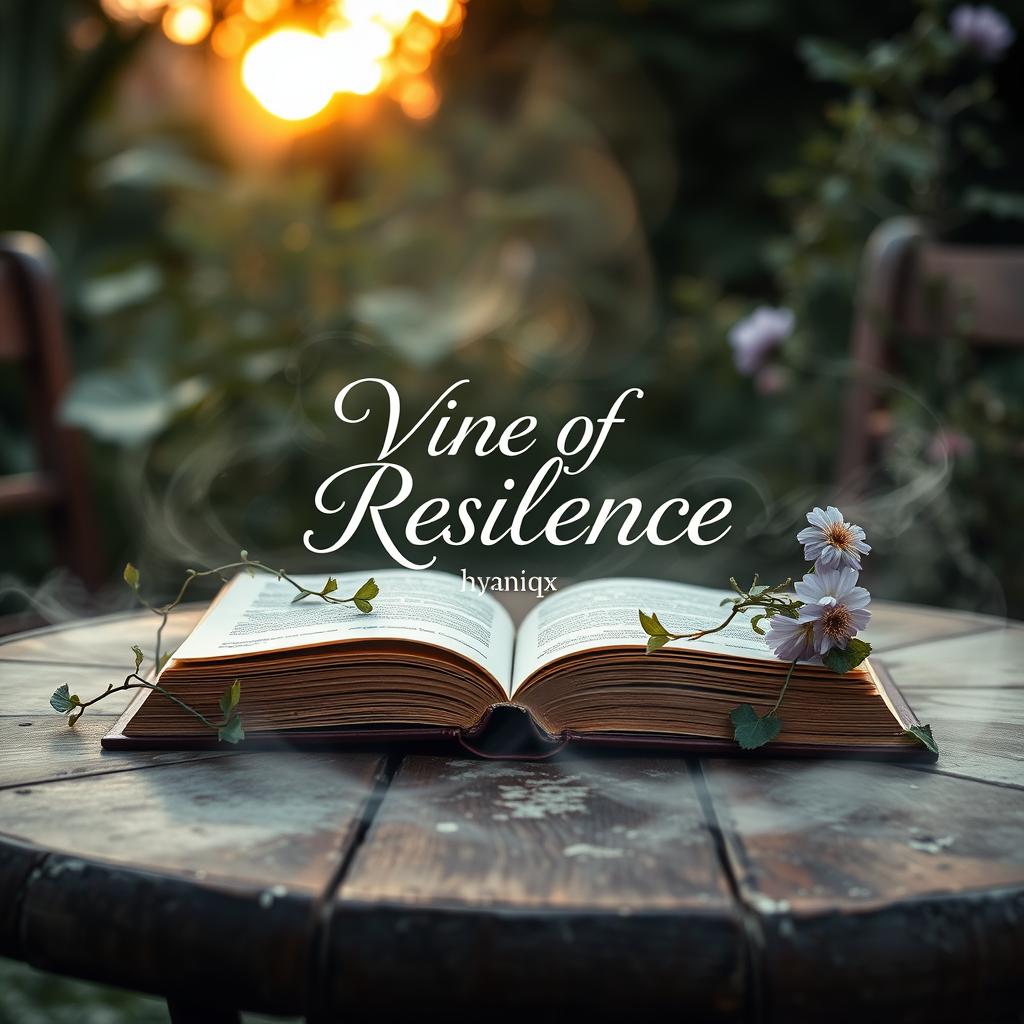A serene scene showcasing a closed book titled "Vine of Resilience" resting on a rustic garden table