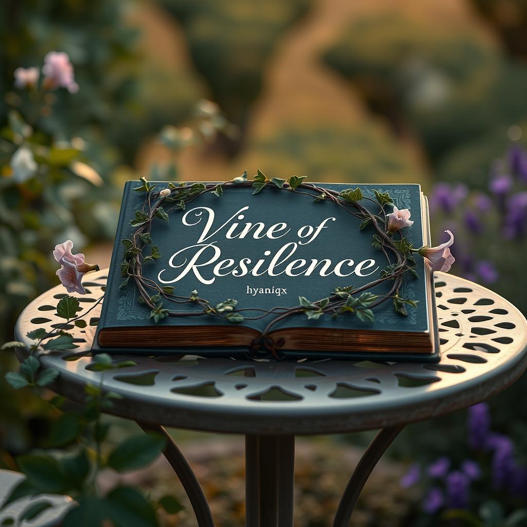A tranquil scene showcasing a closed book titled "Vine of Resilience" resting on a charming garden table