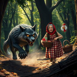 A dramatic scene depicting the wolf dashing away from the grandmother in Little Red Riding Hood