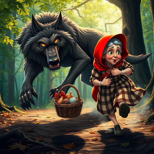 A dramatic scene depicting the wolf dashing away from the grandmother in Little Red Riding Hood