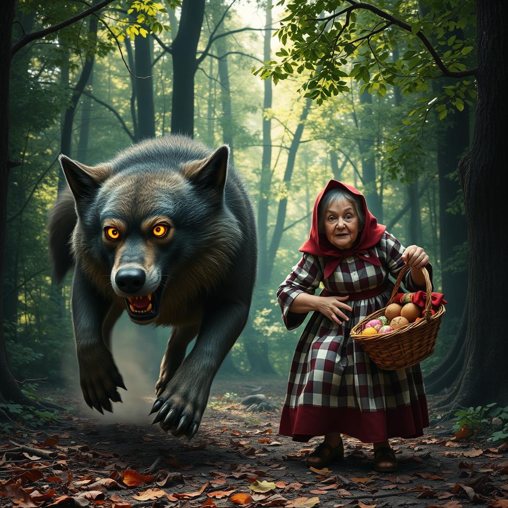 A dramatic scene depicting the wolf dashing away from the grandmother in Little Red Riding Hood