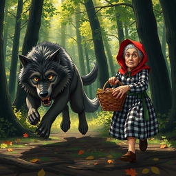 A dramatic scene depicting the wolf dashing away from the grandmother in Little Red Riding Hood