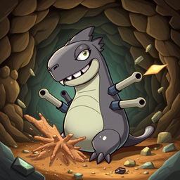 A stylized, imaginative creature named Drillburt, resembling a blend of a burrowing animal and a drill