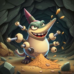 A stylized, imaginative creature named Drillburt, resembling a blend of a burrowing animal and a drill