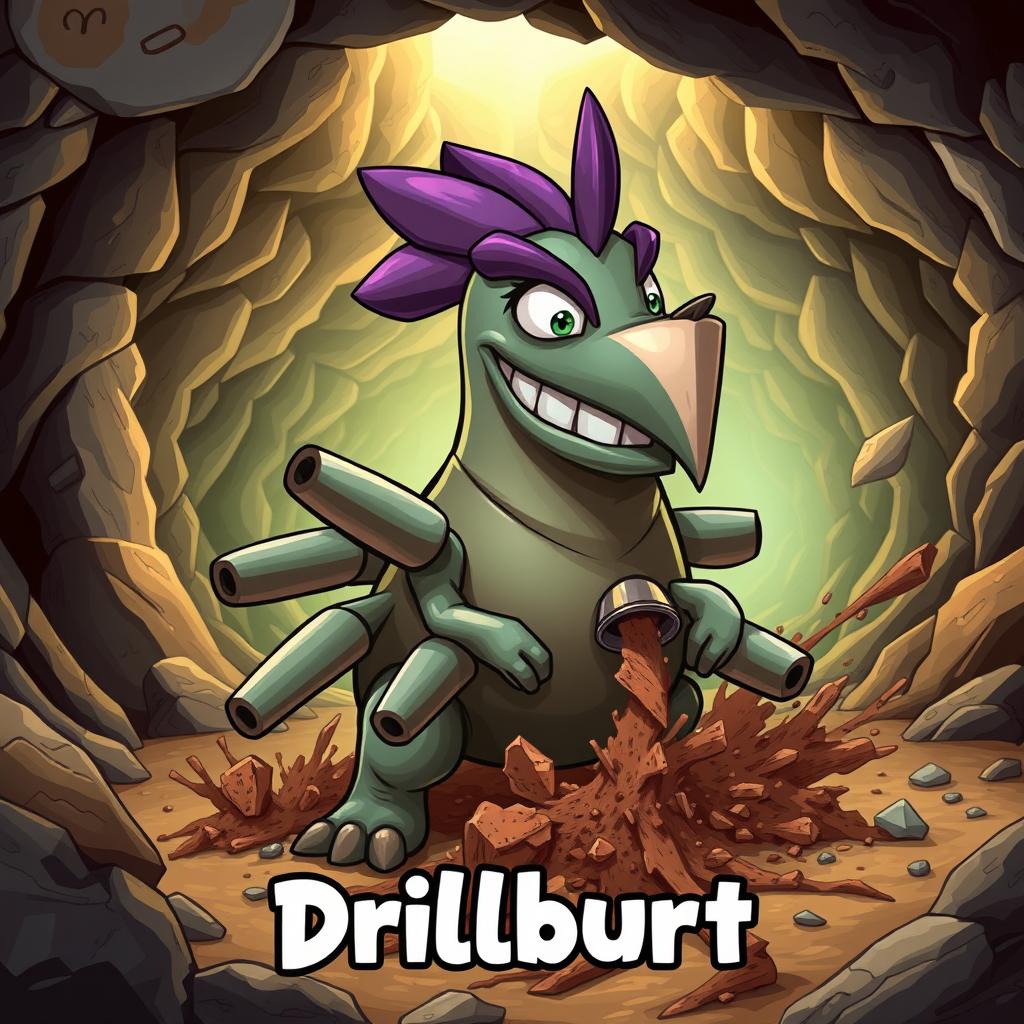 A stylized, imaginative creature named Drillburt, resembling a blend of a burrowing animal and a drill