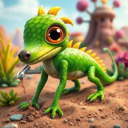 A whimsical creature called Drillburt, a lizard-like dog with vibrant green scales