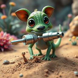A whimsical creature called Drillburt, a lizard-like dog with vibrant green scales