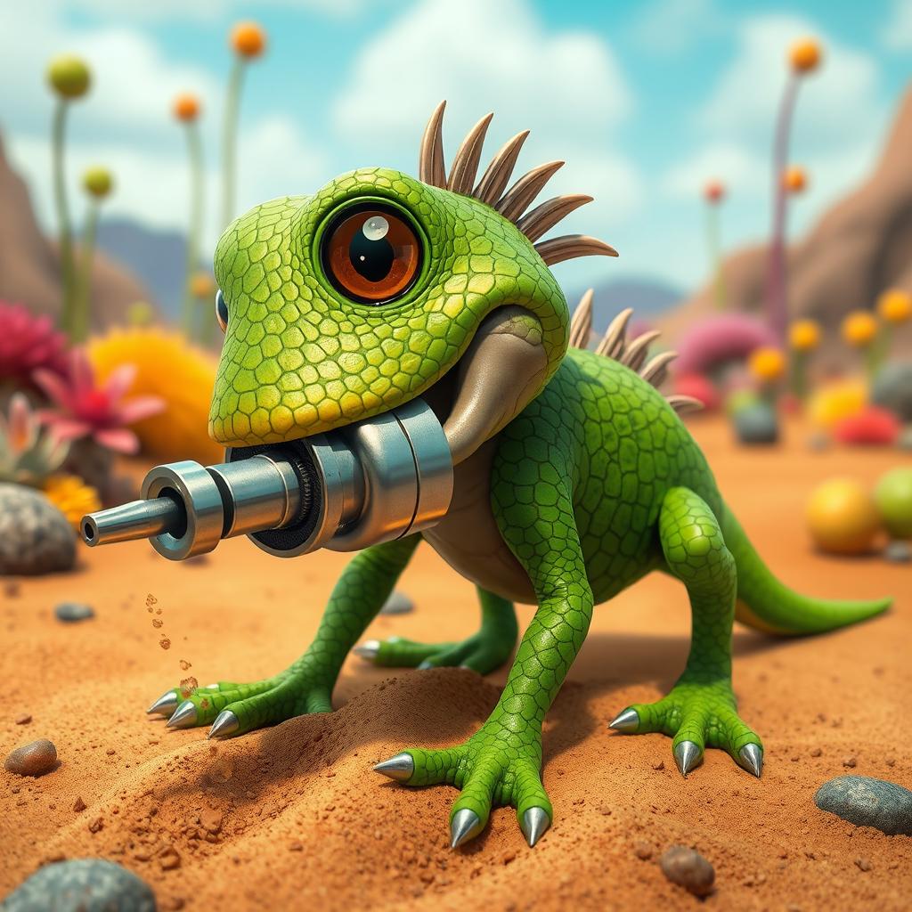 A whimsical creature called Drillburt, a lizard-like dog with vibrant green scales