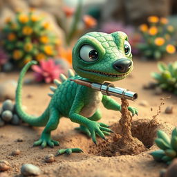 A whimsical creature called Drillburt, a lizard-like dog with vibrant green scales