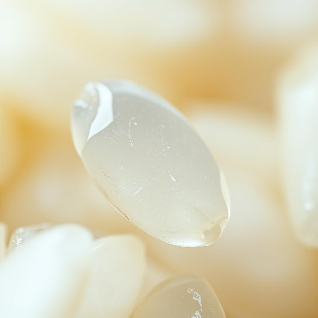 A detailed and highly magnified image of a single grain of rice, showcasing its texture and natural sheen