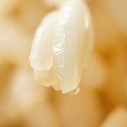 A detailed and highly magnified image of a single grain of rice, showcasing its texture and natural sheen