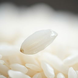 A detailed and highly magnified image of a single grain of rice, showcasing its texture and natural sheen