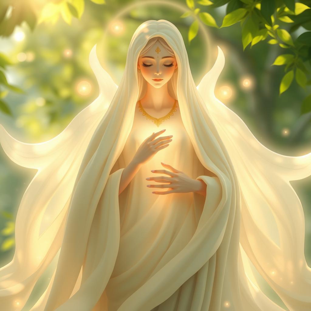 An artistic representation of an ethereal figure symbolizing 'Mother', radiating warmth and love