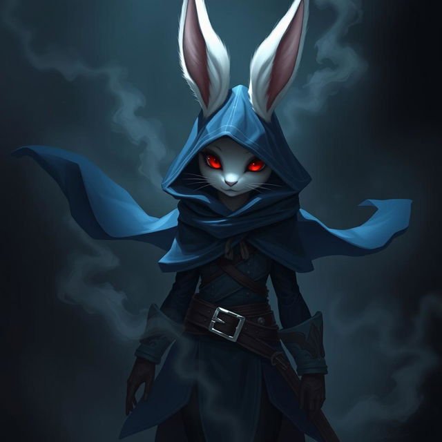 A full-body portrait of a fantasy shadow assassin rabbit, depicted as an anthro character with prominent bunny ears and soft fur