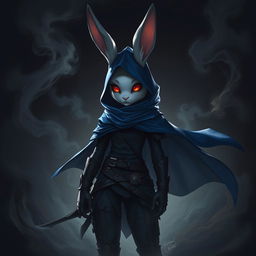 A full-body portrait of a fantasy shadow assassin rabbit, depicted as an anthro character with prominent bunny ears and soft fur