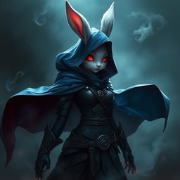A full-body portrait of a fantasy shadow assassin rabbit, depicted as an anthro character with prominent bunny ears and soft fur
