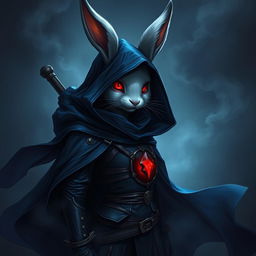 A full-body portrait of a fantasy shadow assassin rabbit, depicted as an anthro character with prominent bunny ears and soft fur