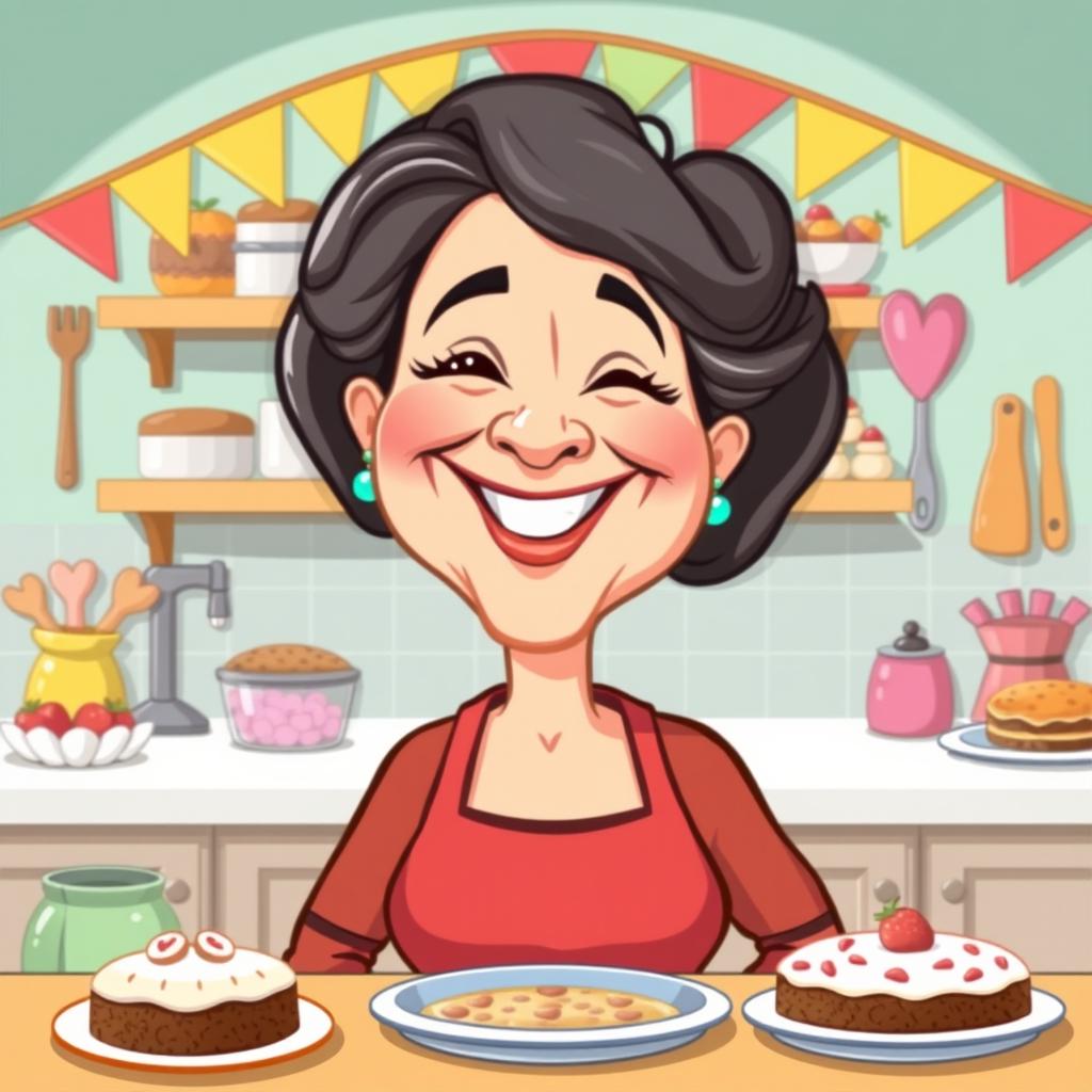 A humorous and lighthearted cartoon illustration of a mother figure, depicted in a playful, exaggerated style that celebrates her personality and warmth