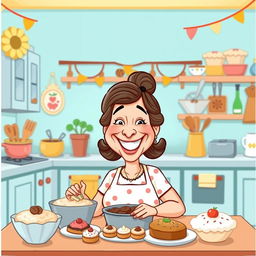 A humorous and lighthearted cartoon illustration of a mother figure, depicted in a playful, exaggerated style that celebrates her personality and warmth