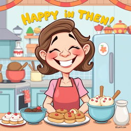 A humorous and lighthearted cartoon illustration of a mother figure, depicted in a playful, exaggerated style that celebrates her personality and warmth
