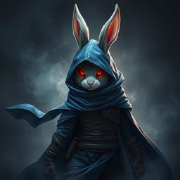 A full-body portrait of a fantasy shadow assassin rabbit, portrayed as an anthropomorphic character with distinct bunny ears and soft fur