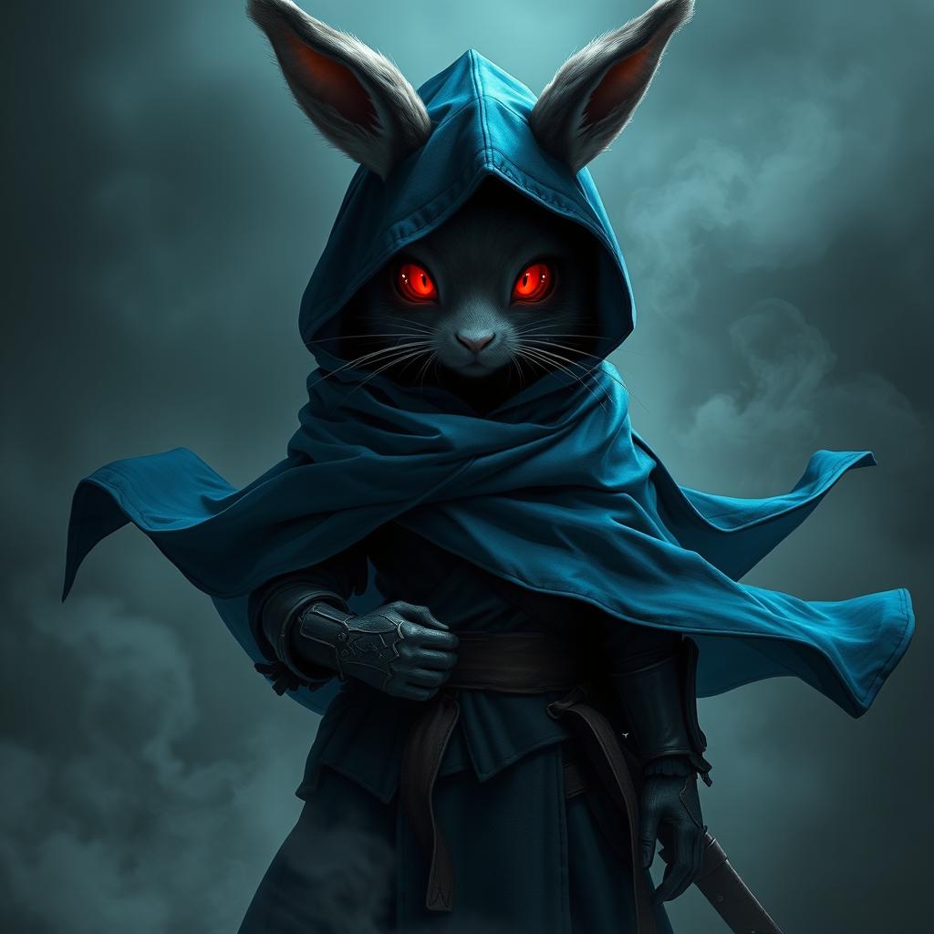 A full-body portrait of a fantasy shadow assassin rabbit, portrayed as an anthropomorphic character with distinct bunny ears and soft fur