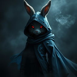 A full-body portrait of a fantasy shadow assassin rabbit, portrayed as an anthropomorphic character with distinct bunny ears and soft fur