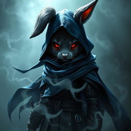 A full-body portrait of a fantasy shadow assassin rabbit, portrayed as an anthropomorphic character with distinct bunny ears and soft fur