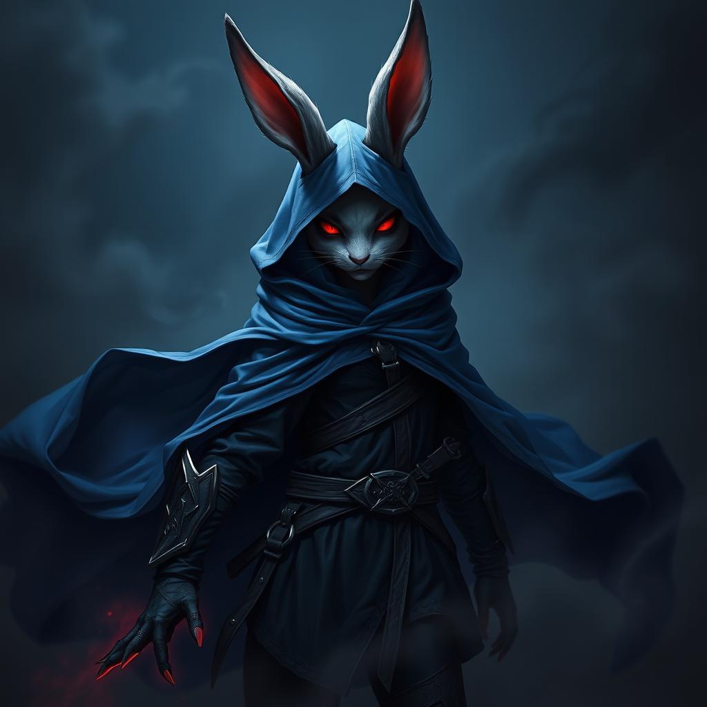 A full-body portrait of a fantasy shadow assassin rabbit, portrayed as an anthro character with distinct bunny ears and soft fur