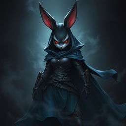A full-body portrait of a fantasy shadow assassin rabbit, portrayed as an anthro character with distinct bunny ears and soft fur