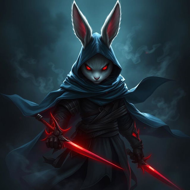 A full-body portrait of a fantasy shadow assassin rabbit, portrayed as an anthro character with distinct bunny ears and soft fur