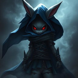 A full-body portrait of a fantasy shadow assassin rabbit, portrayed as an anthro character with distinct bunny ears and soft fur