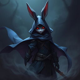 A super-badass full-body portrait of a fantasy shadow assassin rabbit, illustrated as an anthro character with distinct bunny ears and soft fur