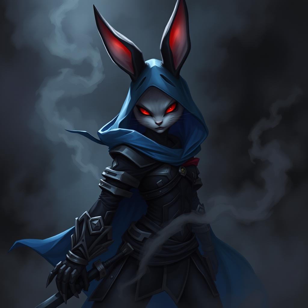 A super-badass full-body portrait of a fantasy shadow assassin rabbit, illustrated as an anthro character with distinct bunny ears and soft fur