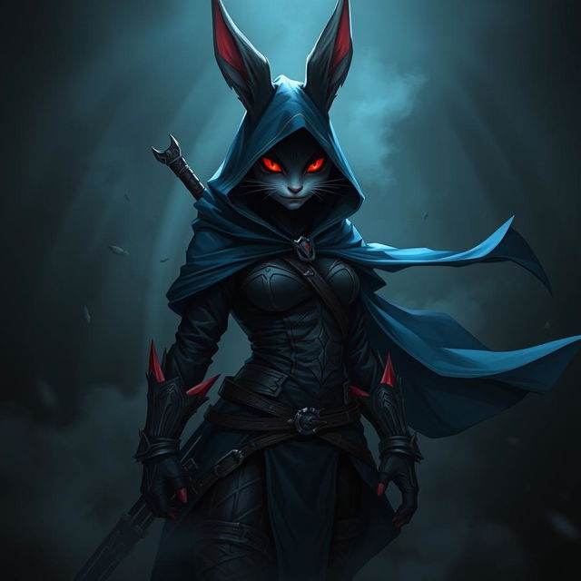 A super-badass full-body portrait of a fantasy shadow assassin rabbit, illustrated as an anthro character with distinct bunny ears and soft fur