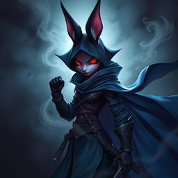 A super-badass full-body portrait of a fantasy shadow assassin rabbit, illustrated as an anthro character with distinct bunny ears and soft fur