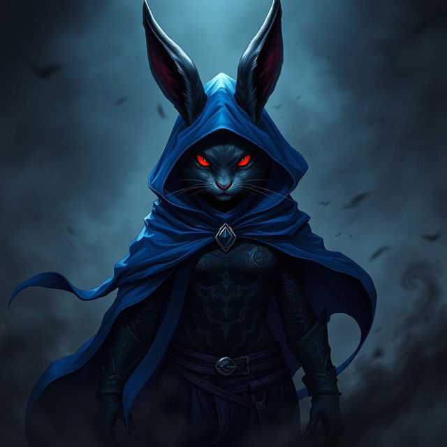 A super-badass full-body portrait of a fantasy shadow assassin rabbit, illustrated as an anthro character complete with prominent bunny ears and textured fur