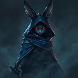 A super-badass full-body portrait of a fantasy shadow assassin rabbit, illustrated as an anthro character complete with prominent bunny ears and textured fur