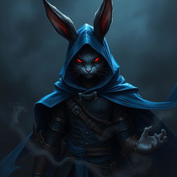 A super-badass full-body portrait of a fantasy shadow assassin rabbit, illustrated as an anthro character complete with prominent bunny ears and textured fur