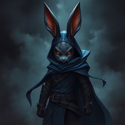A super-badass full-body portrait of a fantasy shadow assassin rabbit, designed as an anthro character with prominent bunny ears and a sleek fur coat